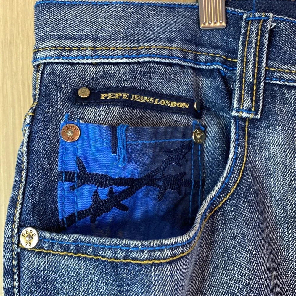 Pepe Jeans‎ Mens 36 Straight Leg Blue Paint Splatter Barbed Wire Graphic Denim